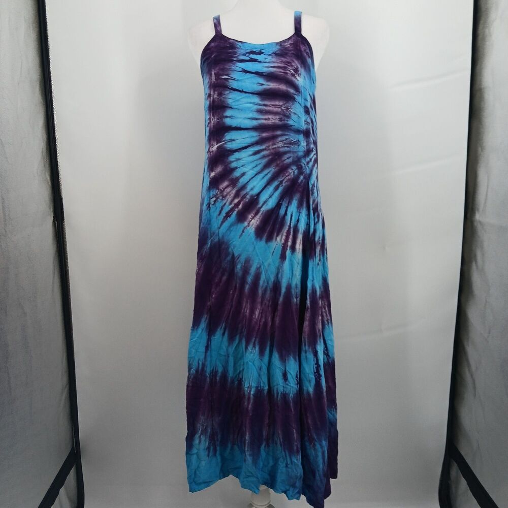 womans size M Dharma Trading Co Tie Dye Spaghetti Strap Maxi Dress Blue Purple